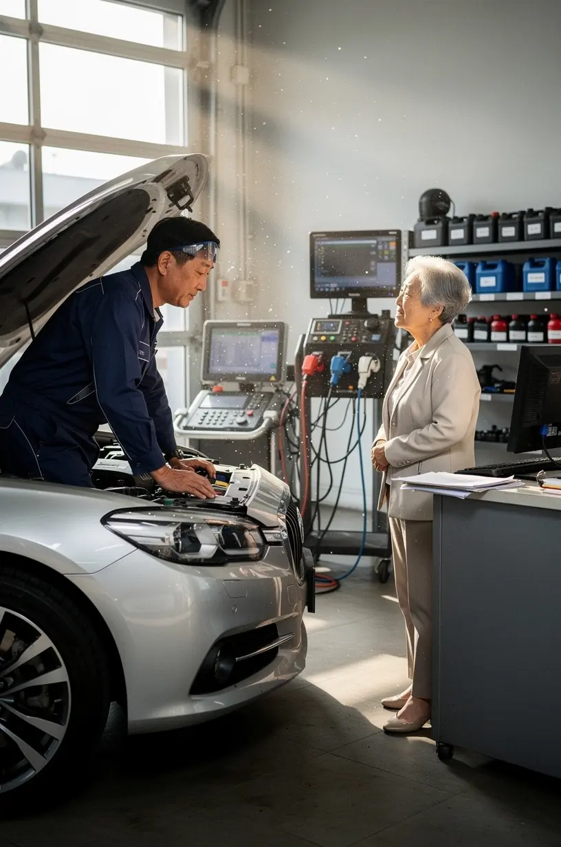 Mechanik opravuje hydraulický systém nákladného vozidla v autoservise so špecializovaným vybavením.